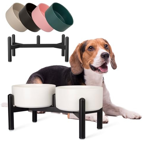Comedero Perro Elevado de Cerámica - Cuenco Doble con Soporte de Acero Inoxidable - Platos para Perros Pequeños y Medianos - 660 ml x 2 - Negro