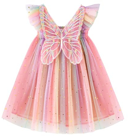 Miipat Bebis flicka tyllklänning fjäril ärmlös ungt barn prinsessa tutu blomma klänning bröllop födelsedagsfest klänning flicka 6 månad-6 år, Rosa blixt, 18-24 mois