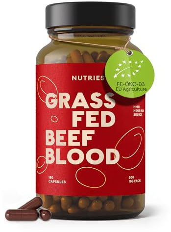 Nutriest Järnkapslar (180 kapslar) – Järntillskott från nötblod | Ekologiskt gräsbetat nötkött från Europa | 100% betesuppfött | För energi och immunförsvar | Biotillgängligt hemjärn 101% NRV