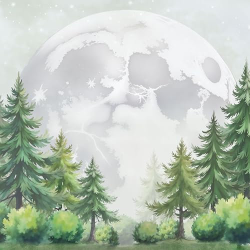 UNIK Nordic Kindertapete Wald & Mond 350 x 250 cm – Vliestapete mit Tannen und Vollmond für Kinderzimmer – Magisches Aquarell-Motiv – Skandinavische Wandgestaltung für Mädchen & Jungen