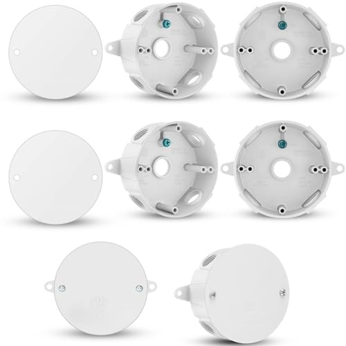 Juexica 4 Set 4'' Round Electrical Box with 4.3'' Blank Flat Metal Plate Cover Weatherproof 5 Hole Outdoor Outlet Junction Box for Ceiling Mount Lighting Systems Exterior (White,1/2 Inch Hole)