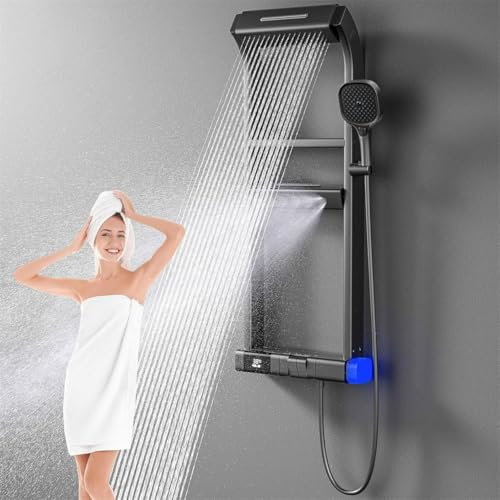 Thermostatic Shower Panel System - 4 Modes with Rainfall Waterfall Head, Adjustable Massage Body Jet and LED Digital Display