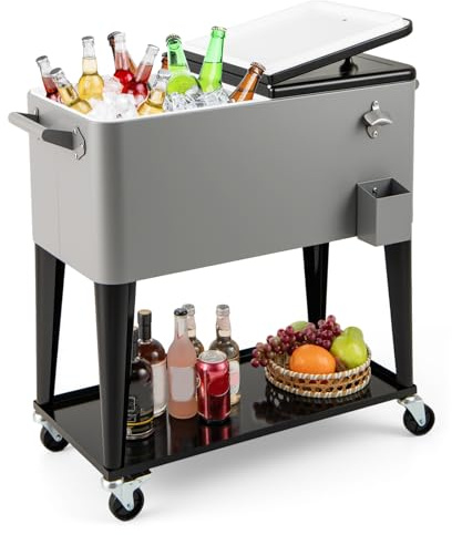 COSTWAY 75L Rolling Ice Chest, Portable Patio Beverage Cooler Cart with Bottle Opener and Wheels, Outdoor BBQ Bar Party Drink Ice Bucket Trolley (Black + Grey, with Shelf)