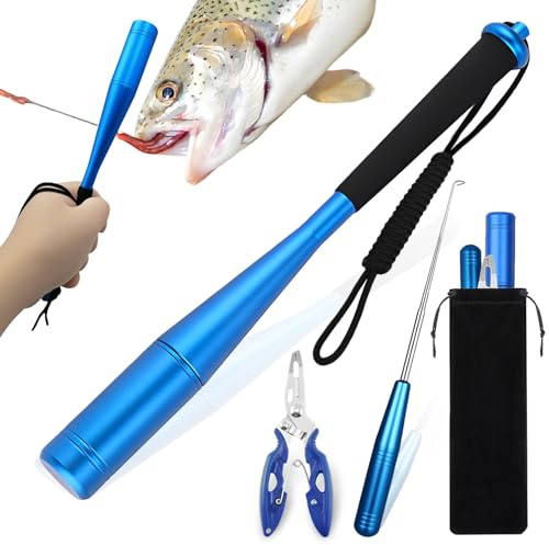 YUJUVI Fischtöter Angelzange 3-teiliges Angelzubehör Hakenlöser Fischbetäuber Set Aluminium Fisch Totschläger Angeln Zange Disgorger Forelle Angel Werkzeug mit Tasche (Blau)