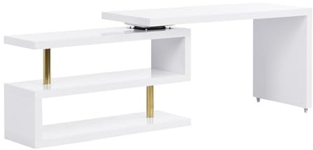 Vente-unique - Bureau Extensible avec Plateau pivotant 360°- MDF laqué - Blanc et doré - NICEPHORE II - avec Rangement