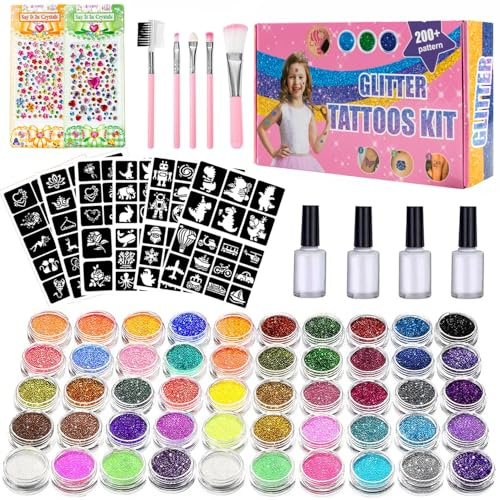 Neuytiky Glitzer Tattoo Set Kinder, 50 Farben Temporäre Glitzertattoos für Mädchen, 115 Schablonen, 5 Pinsel, 2 Diamant-Sticker, 4 Kleber Geschenk für Geburtstag Party Halloween Weihnachten