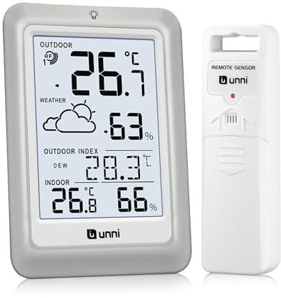 Termómetro inalámbrico para interiores y exteriores funciona con baterías, Sensor remoto de 100 m de alcance y pantalla con retroiluminación