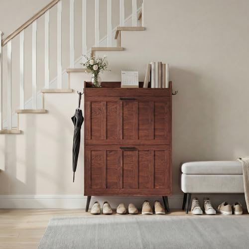 ELUREVIA Schuhschrank Schmal mit 2 Klappschubladen, Landhausstil Schuhaufbewahrung für Flur Wohnzimmer, Kippschutz, Nussbaumfarbe