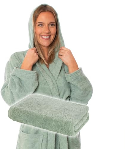 Lavea® Mexico Bademantel M & Saunatuch 80x200 cm - Eukalyptus | Damen und Herren – 100% Baumwolle, Walkfrottier 500 g/m², saugstark, hautfreundlich, OEKO-TEX® STANDARD 100 zertifiziert