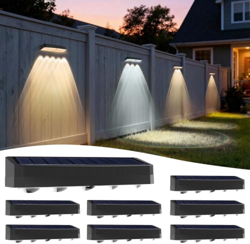 ROMANJOY Solar Fence Lights Outdoor, Warm/Neutral/Cool White 3 Color, 8Pack | 5LED 60LM, IP65 Waterproof Solar Powered Deck Lights, 60° Spotlights, Solar Lights for Outside Railing/Patio/Stair/Wall