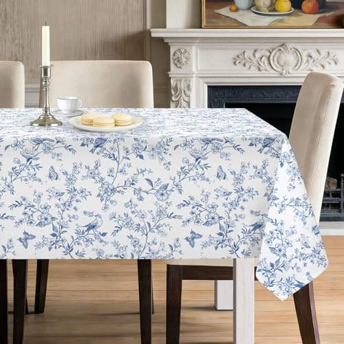 hometrixx Primavera Mantel Mesa Rectangular Flores Pájaros 152x264cm Azul | Antimanchas Manteles,Mesa Hule Poliéster Impermeable, Lavable a Máquina, Fácil de limpiar,para Bares Comedor Cocina Festivosr