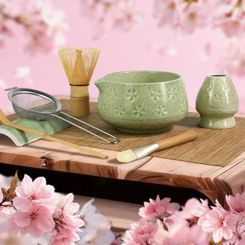 Jidkuld 8 Pcs Matcha Whisk Set: Matcha Bowl, Whisk and Holder, Cleaning Brush, Bamboo Scoop, 304 Sifter, Tool Holder, Tea Mat – Matcha Set Kit Gifts for Women, Mom, Valentines Day (Mottled Green)