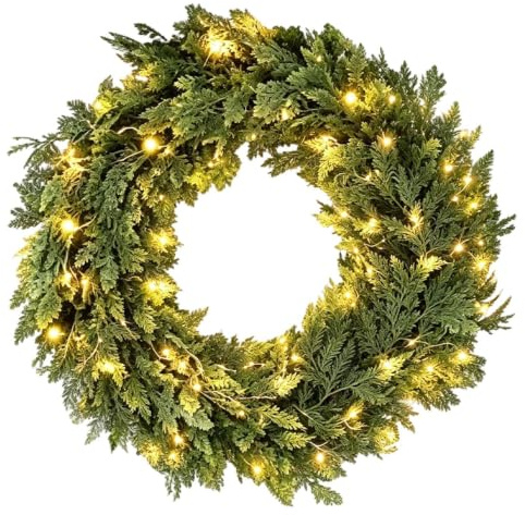 Prelit Julgirland PE ABS LED Prelit Realistiskt Konstgjord Ceder | Trappräckesdekor För Inomhus, Julcederkrans Med LED-lampor För Inomhusvägg Ytterdörr Mantel Trädtrappskena