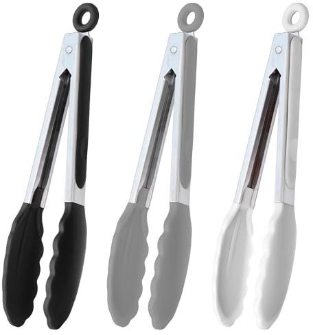 HINMAY 9-Inch Serving Tongs Silicone Tongs, Set of 3 (Black White Gray)