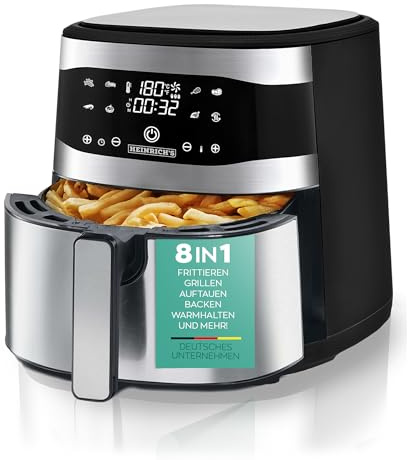 HEINRICHS Heißluftfritteuse Air Fryer aus Edelstahl mit digitalen LED-Display LCD Touch Display, 8 Programmen 1800W Heißluft Fritteuse Airfryer Ohne ÖL Fritteuse Luftfritteuse Timerfunktion (8L XXL)