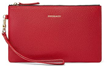 DORIS&JACKY Goatskin Leather Wristlet Clutch Wallet Cute Small Pouch Bag With Strap, Hot Red, Middle, Clutch Bag