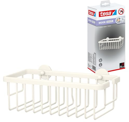 tesa® MOON WHITE duschhylla, matt vit – en våning, extra djup – för badrum i industriell stil och moderna badrum – ingen borrning, med självhäftande lösning – 92 mm x 250 mm x 125 mm