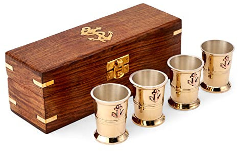 NKlaus Maritim 4 bicchieri da grappa in ottone argentato all'interno in scatola di legno Bicchiere da rum 11709