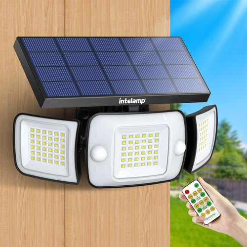 intelamp Lampe Solaire Exterieur avec Detecteur de Mouvement 6000mAh 1200LM Eclairage Solaire,4 Modes & Télécommande,IP65 Etanche Projecteur Solaire Exterieur pour Jardin, Garage, Patio