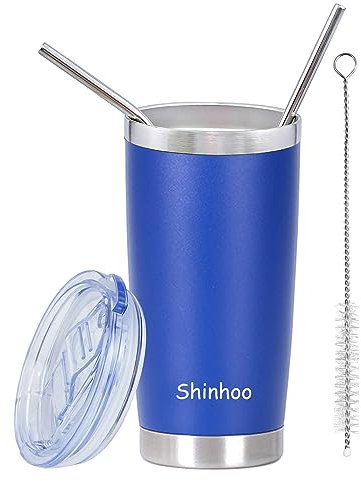 Shinhoo 20oz/ 550ml Tumbler with Straw and Lid, Double Wall Vacuum Insulated Thermal Coffee Flask Travel Mug Stainless Steel Reusable Cup for Hot Cold Drinks,BPA Free (Blue)