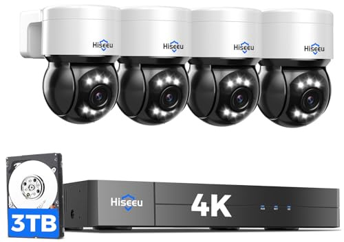 [4K HD + 330°Pan 90°Tilt] Hiseeu 4K PoE Security Camera System, CCTV Camera Security System w/4Pcs PoE PTZ Dome Cameras, Human/Vehicle Detect,2-Way Audio,Home Surveillance NVR Kit, 3TB HDD,7/24 Record