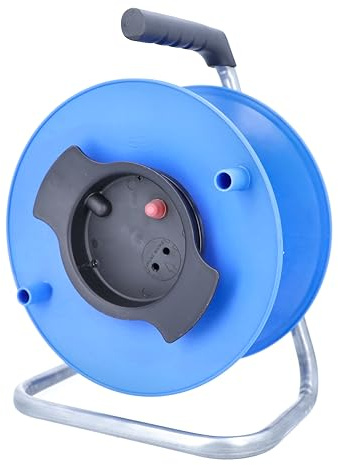 as - Schwabe Camping Kabeltrommel Leertrommel Ø285 mm für ca. 50 m Kabel mit Kabelhaspel und Steckerplatz, Thermoschutzschalter, IP44, Blau, 12228