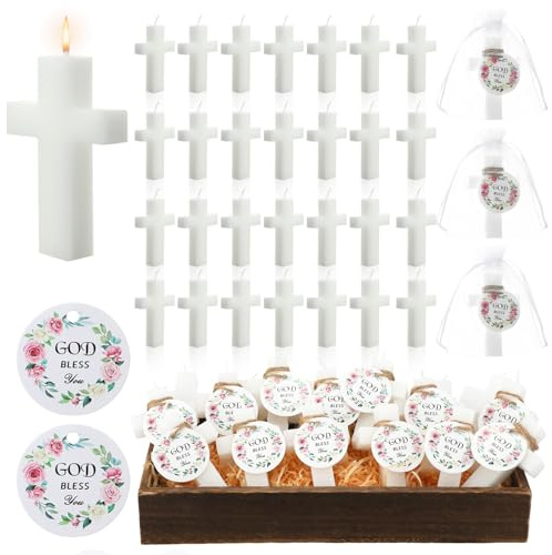 MTLEE 36 Set Baptism Favor Candles Cross Candles Baby Shower Favors Religious Holy Communion Christening Gifts for Christian Guests Party Wedding Birthday(Eucalyptus Flower Tag)
