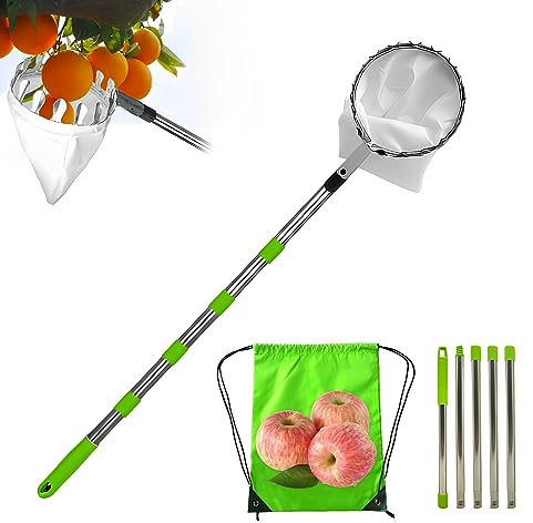 LekLai Obstpflücker, Apfelpflücker Mit Stange, Pick-Up-Werkzeug Mit Tasche, Edelstahl, Obstgreifer Mit Teleskopstiel, Pflücker Für Orangen Und Zitronen/1.6 Metres