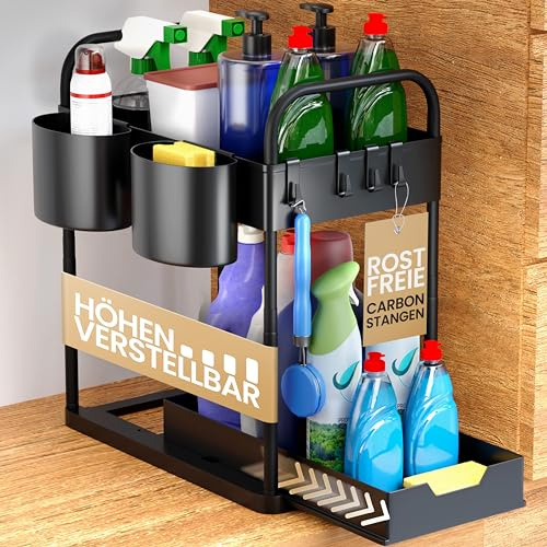 HELDENWERK Estantería para debajo del lavabo para armario bajo el fregadero, altura regulable con 2 niveles en negro, organizador de cocina, armario bajo especias, organizador para debajo del lavabo
