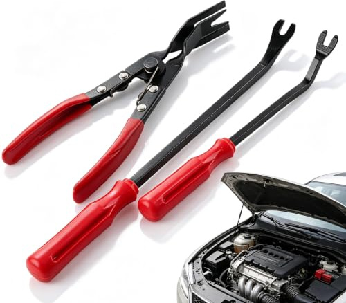 3Pcs Auto Door Trim Fastener Removal Tool Kit, Auto Door Trim Rivets Clips Pliers + Dual Size Pry Bar Puller Universal Automotive Interior Panel Dashboard Disassembly Repair