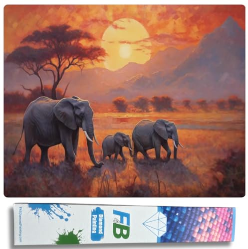 F4B Elefanter på Savannen diamantmålning 40 x 50 cm | Fyrkantiga stenar | Djur | Savann | Afrika | Elefanter | Diamantmålningspaket vuxna | Barn | Fullt täckt