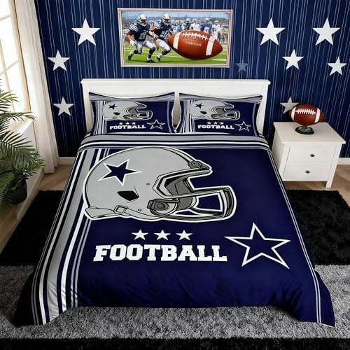 American Football Duvet Cover Set King Size,Western Texas Star Cowboy Football Sports Bedding Set,Boys Men Room Decor,Rugby Helmet Geometric Stripes Comforter Cover,Blue Quilt Cover,2 Pillowcases