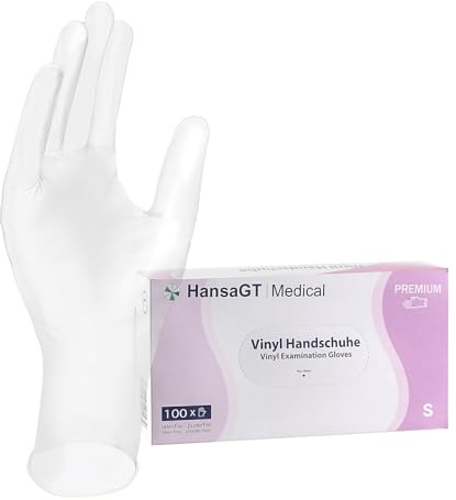 HansaGT Medical Einweghandschuhe Vinyl, Handschuhe S,100x Vinylhandschuhe, Handschuhe Einweg puderfrei, Gummihandschuhe Einweg latexfrei, Einweg Handschuhe, Einmalhandschuhe in S, M, L, XL