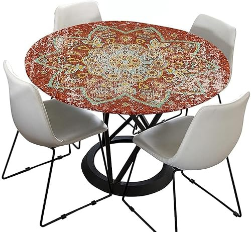 Tischdecke Outdoor Rund 120 cm, Elastisch Rund Abwaschbar Tischdecken Wasserabweisend Lotuseffekt Garten Tischdecke Grau Mandala Table Cloth (Ideal für 100cm-110cm,Vintage Rot)