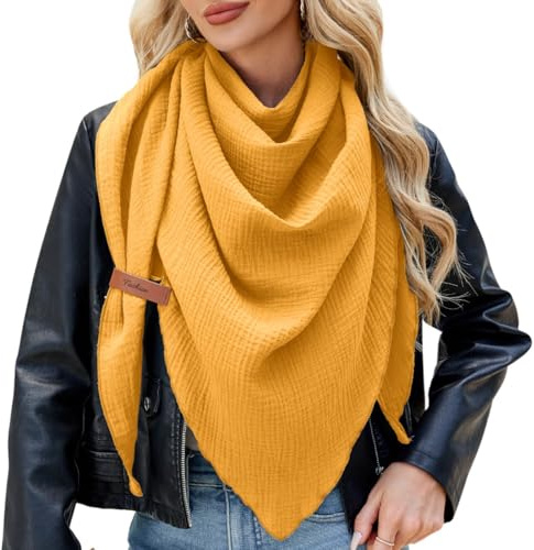 Niwicee Schal Damen Musselin Dreiecksschal-Dreieckstuch Unifarben Schal Halten Sie Warm Halstuch, Elegant Bequem Herbst Baumwolle Groß Tücher Damen Stola 190x80cm (Gelb)