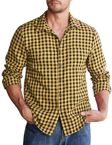 COOFANDY Herren Kariertes Langarmhemd Casual Freizeithemd Basic Flanell Karohemd Regular Fit Trachtenhemden Männer Langarm Arbeitshemd Gelb-Schwarz L