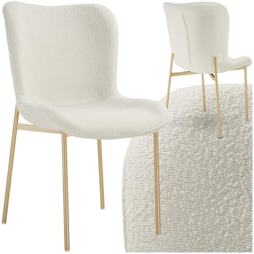 tectake® Polsterstuhl, Bouclé Stoff, Stuhl für Küche, Esstisch, Sessel für Schminktisch, oder Cocktailsessel, als Elegante Esszimmerstühle oder Wohnzimmerstühle für edles Dining - Bouclé weiß/Gold