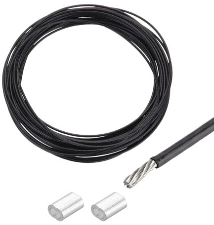 sourcing map Cuerda de alambre de 5 m, cable de acero inoxidable 304 de 1,2 mm, revestimiento de vinilo con 2 fundas de aluminio para colgar, tendederos, elevación, color negro