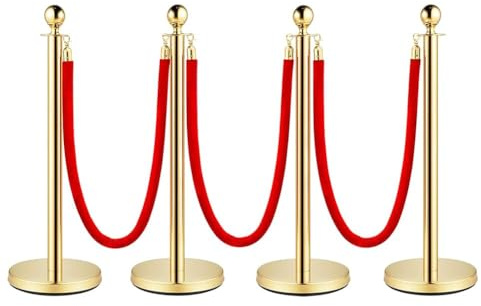 Crowd Control Stanchion, Set with 5 ft/1.5 m Red Velvet Rope, Stanchion Rope Divider, Gold Queue Barrier Line Divider with Fillable Plastic Base, Airport(4)