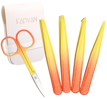 FADVAN Kit di Pinzette Professionali- Set di 4 Pinzette di Precisione in Acciaio Inox+ 1 Paio di Forbici per Sopracciglia in Acciaio Inox Antiscivolo con Sacchetto di Imballaggio(Arancione-5 Pezzi)