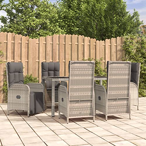 IKAYAA Rattan Essgruppe 6 Personen Gartenmöbel Essgruppe mit Verstellbare Hochlehner Stühlen Garten Sitzgruppe Grau Rattan Gartenmöbel Set mit Auflagen Sitzgarnitur mit 150 cm Tisch