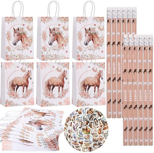 Fizdoqg Pferd Tüten Kindergeburtstag Pferd Geschenktüte Geburtstagstüten | Pferde Geburtstagstüten mit 12 Pferd Bleistifte, 12 Pferde Geschenktüten und 50 Pferde Sticker für Kinder Jungen Mädchen