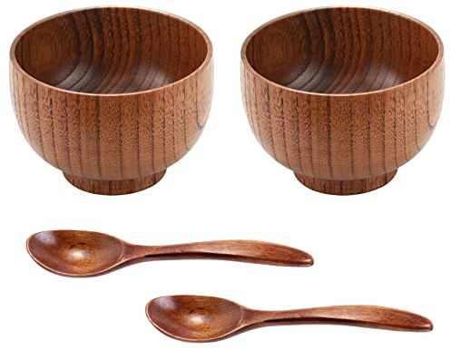 Kopinma 4-Piece Wooden Handmade Bowl and Spoon Set for Rice, Salad, Soup - Eco-Friendly Kitchen Tableware