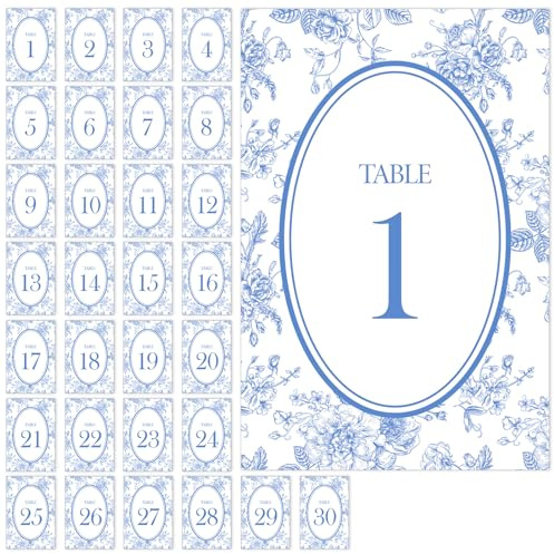 FYSUIMU Wedding Table Numbers 1-30 Chinoiserie Flower Number Place Cards 4 x 6 Inch Blue Floral Table Number Labels for Birthday Bridal Baby Shower Reception Party