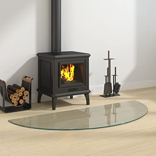 Glasplatte für Kaminofen, Kaminbodenplatte mit Dichtungslippe, Funkenschutzplatte, Tragfähigkeit 250 kg, 120 x 50 x 0.8 cm, Hartglas, Halbrund