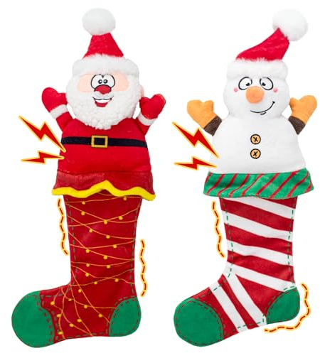 LECHONG 2 Pièces Jouets pour Chiens de Noël, Jouet en Peluche Résistant à Sifflet avec Semelle de Chaussette à Froissement, Cadeau Interactif de Noël pour Chiens Petits, Moyens et Grands à Mâcher