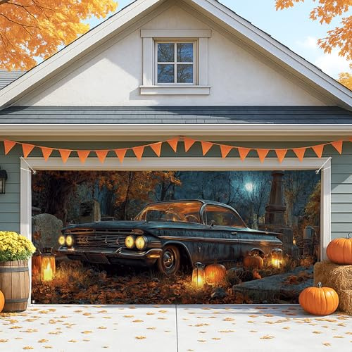 Spooky - Cubierta vintage para puerta de cochera de coche, decoración de otoño de Halloween, decoración grande de fiesta de Halloween al aire libre, 157 x 71 pulgadas