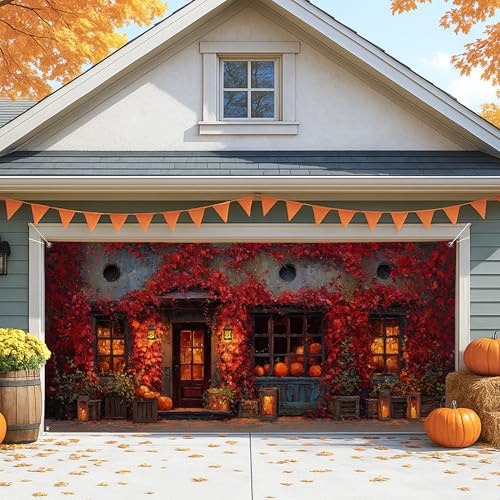 Grande housse de porte de garage rustique en automne, citrouille rouge et lierre, décorations de porte de garage, décoration de fond de fête d'Halloween, 397 x 180 cm