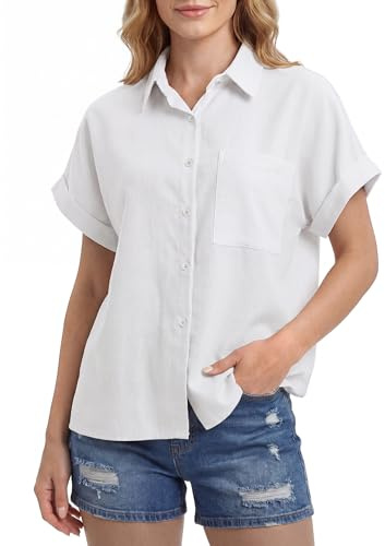 Enmain Chemise Lin Femme Manches Courtes Été Chemisier Blouse en Lin Coton à Boutons Col en V Uni Léger Ample pour Femme Chic et Élégant Décontracté avec Poche