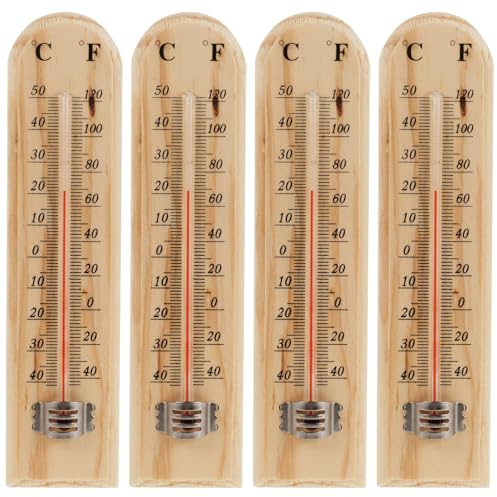 HOODANCOS Termómetro de Pared de Madera Natural Pack de 4 Unidades Diseño Analógico Tradicional Monitorización Precisa del Clima para Bodega y Elaboración Casera